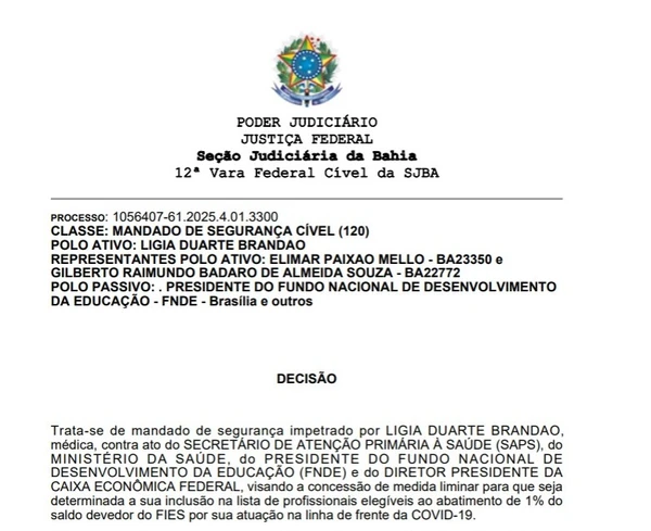Decisão da Justiça que garantiu abatimento no Fies de médica na Bahia por Reprodução