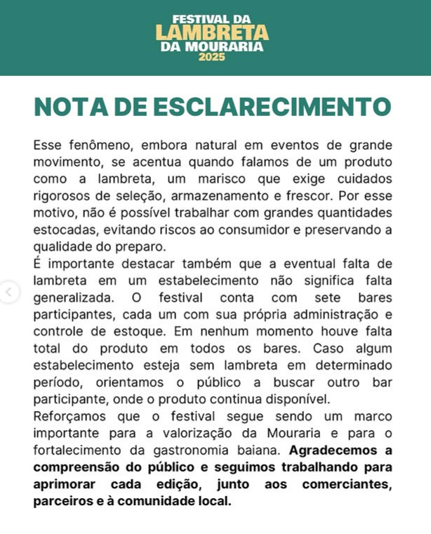 Alta procura teve críticas e foi publicada uma nota de esclarecimento sobre Festival da Lambeta por Reprodução