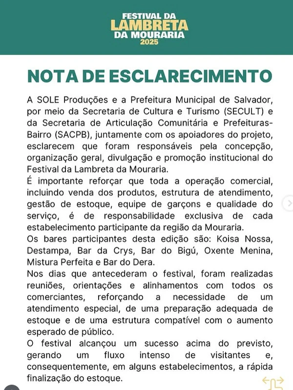 Nota de esclarecimento sobre Festival da Lambeta por Reprodução