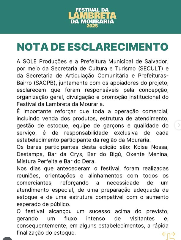 Alta procura teve críticas e foi publicada uma nota de esclarecimento sobre Festival da Lambeta por Reprodução