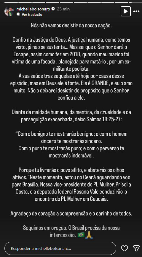 Michelle se pronuncia após prisão de Bolsonaro por Reprodução/Redes sociais