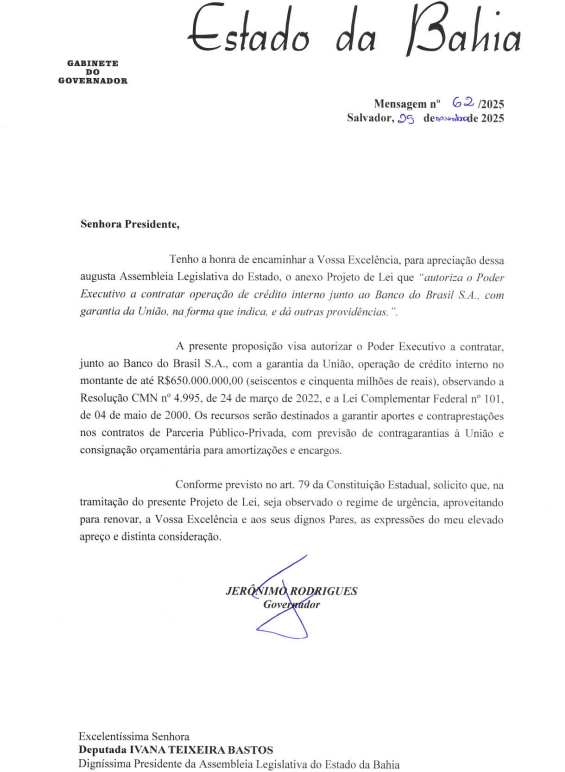 Novo pedido de empréstimo feito pelo governador