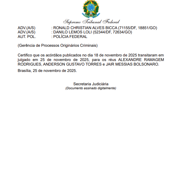 STF decide que processo de Bolsonaro, Ramagem e Torres transitou em julgado