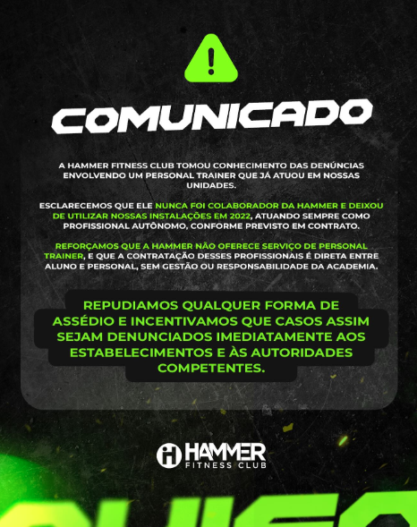 Comunicado de academia após personal ser acusado de assédio