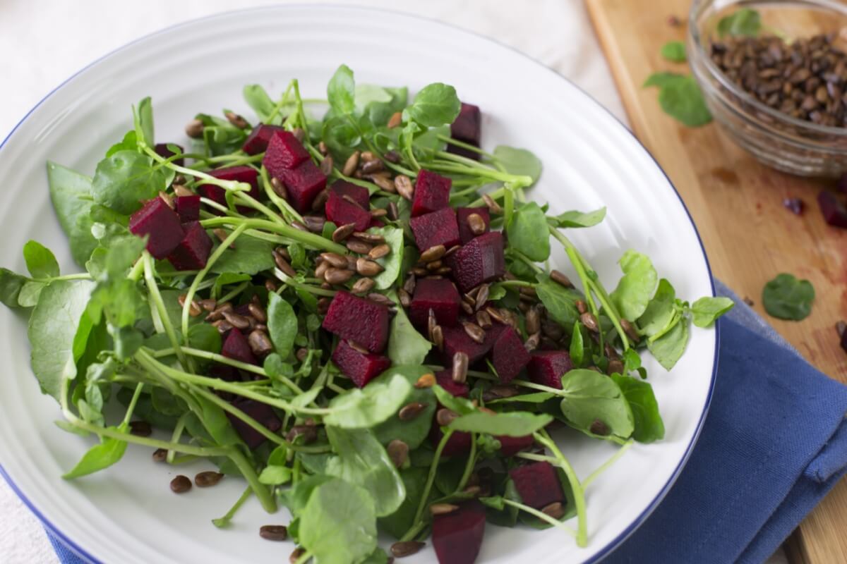 Salada de agrião com beterraba e sementes de girassol (Imagem: Charlotte Lake | Shutterstock)