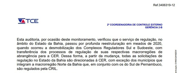 Veja trechos da auditoria do TCE-BA sobre a regulação de saúde da Bahia por Reprodução
