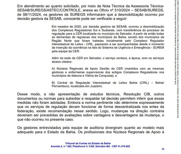 Veja trechos da auditoria do TCE-BA sobre a regulação de saúde da Bahia por Reprodução