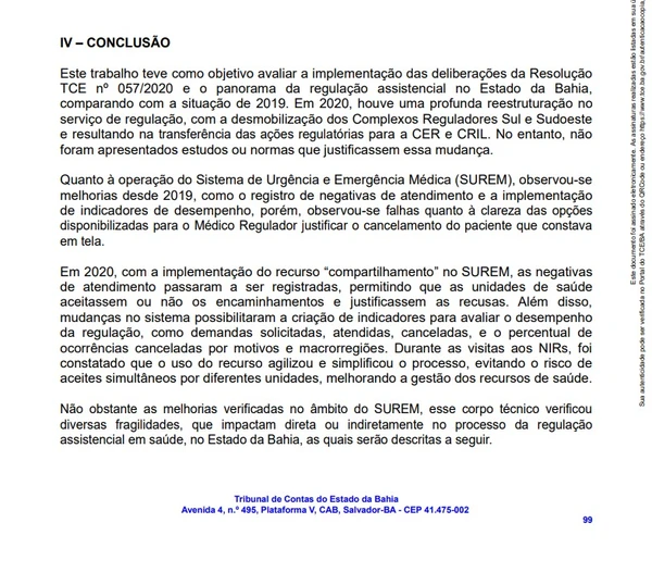 Veja trechos da auditoria do TCE sobre a regulação de saúde da Bahia por Reprodução