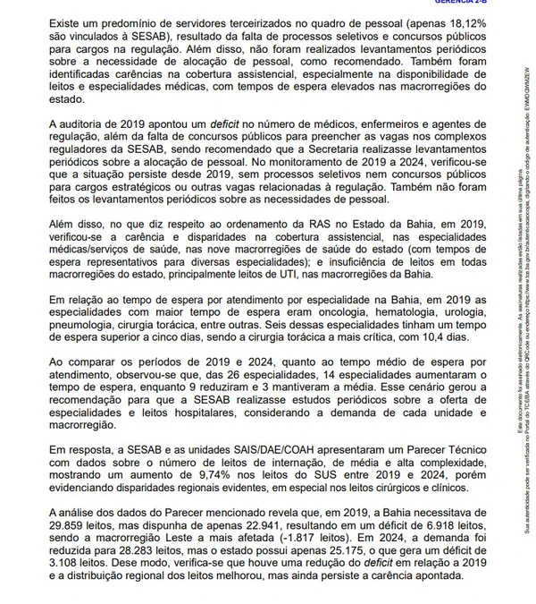 Veja trechos da auditoria do TCE sobre a regulação de saúde da Bahia por Reprodução