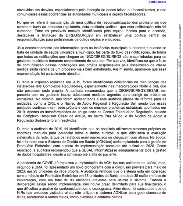 Veja trechos da auditoria do TCE sobre a regulação de saúde da Bahia por Reprodução