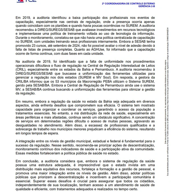 Veja trechos da auditoria do TCE sobre a regulação de saúde da Bahia por Reprodução