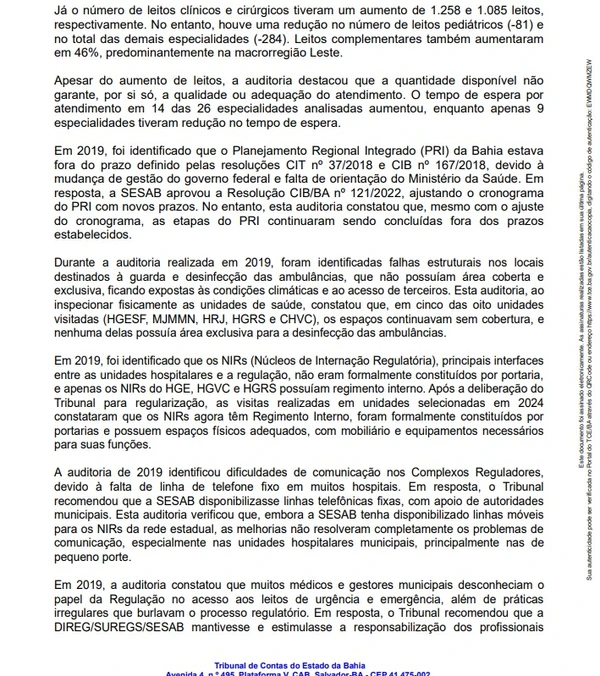 Veja trechos da auditoria do TCE sobre a regulação de saúde da Bahia por Reprodução