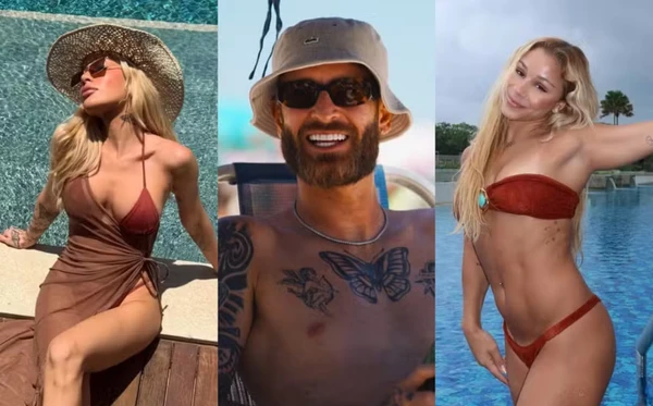 Léo Pereira entre Karoline Lima e Flávia Saraiva