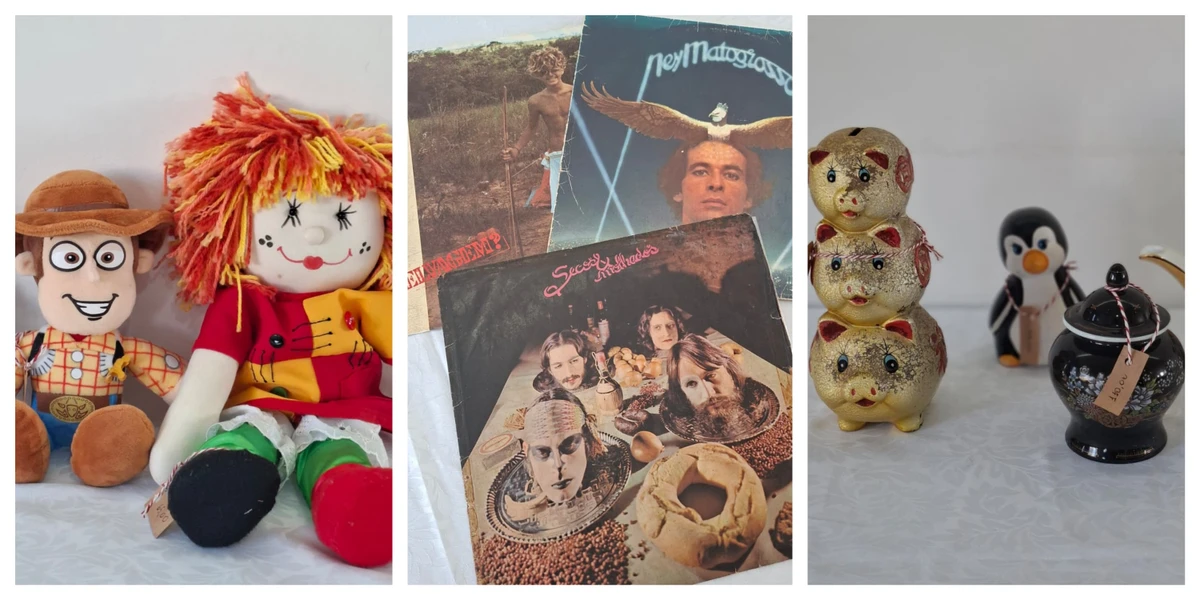 Amostra dos artigos que estarão à venda na Rebobine