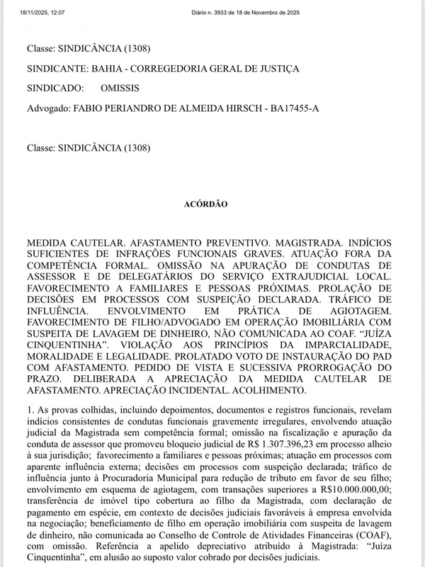 Juíza acusada de cobrar por decisões judiciais é afastada pelo TJBA  por Reprodução