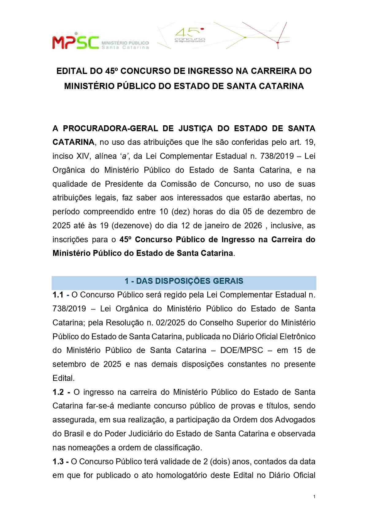 Parte do edital do concurso público para o cargo de promotor de Justiça substituto do Ministério Público de Santa Catarina  por Reprodução