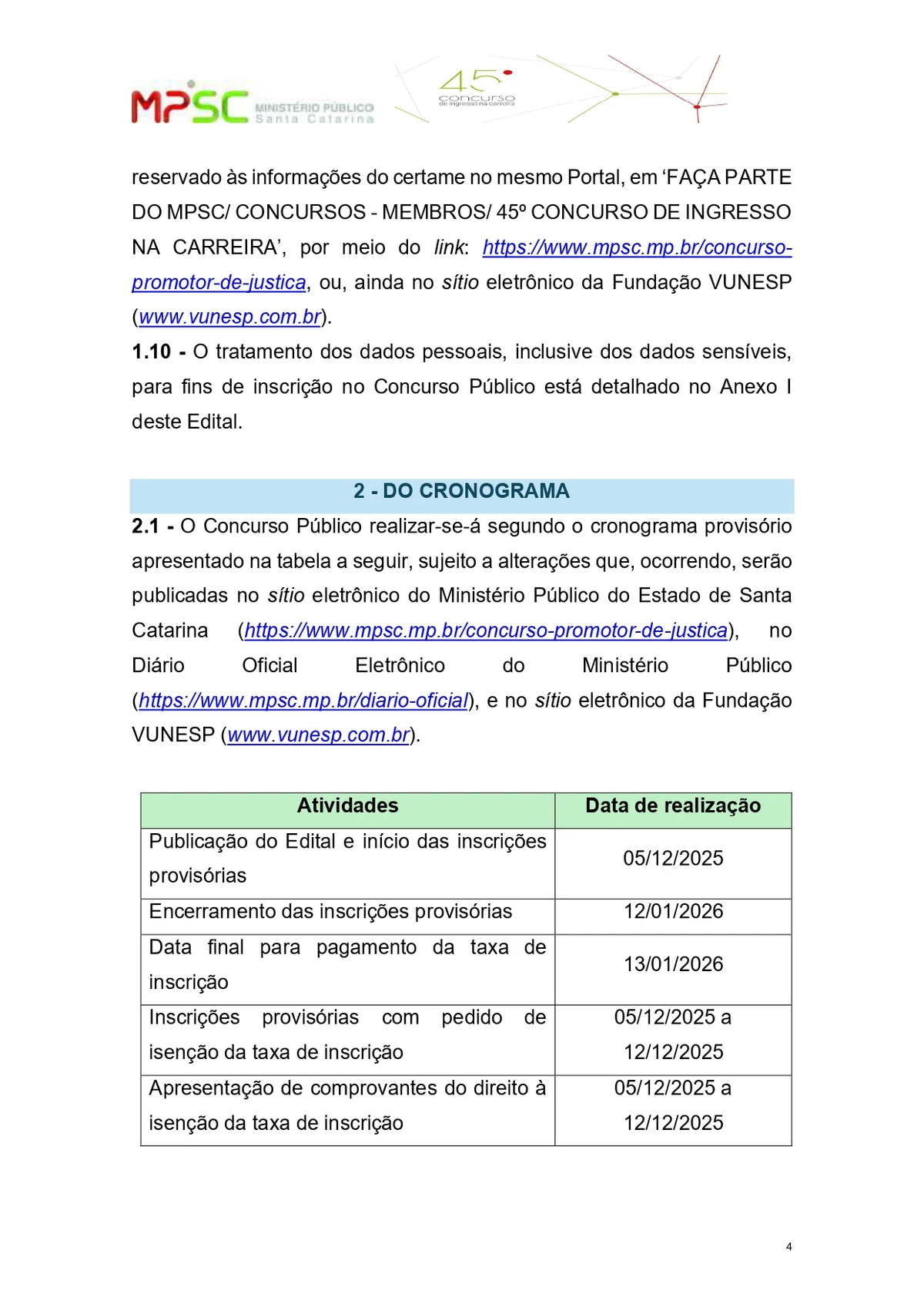 Parte do edital do concurso público para o cargo de promotor de Justiça substituto do Ministério Público de Santa Catarina  por Reprodução