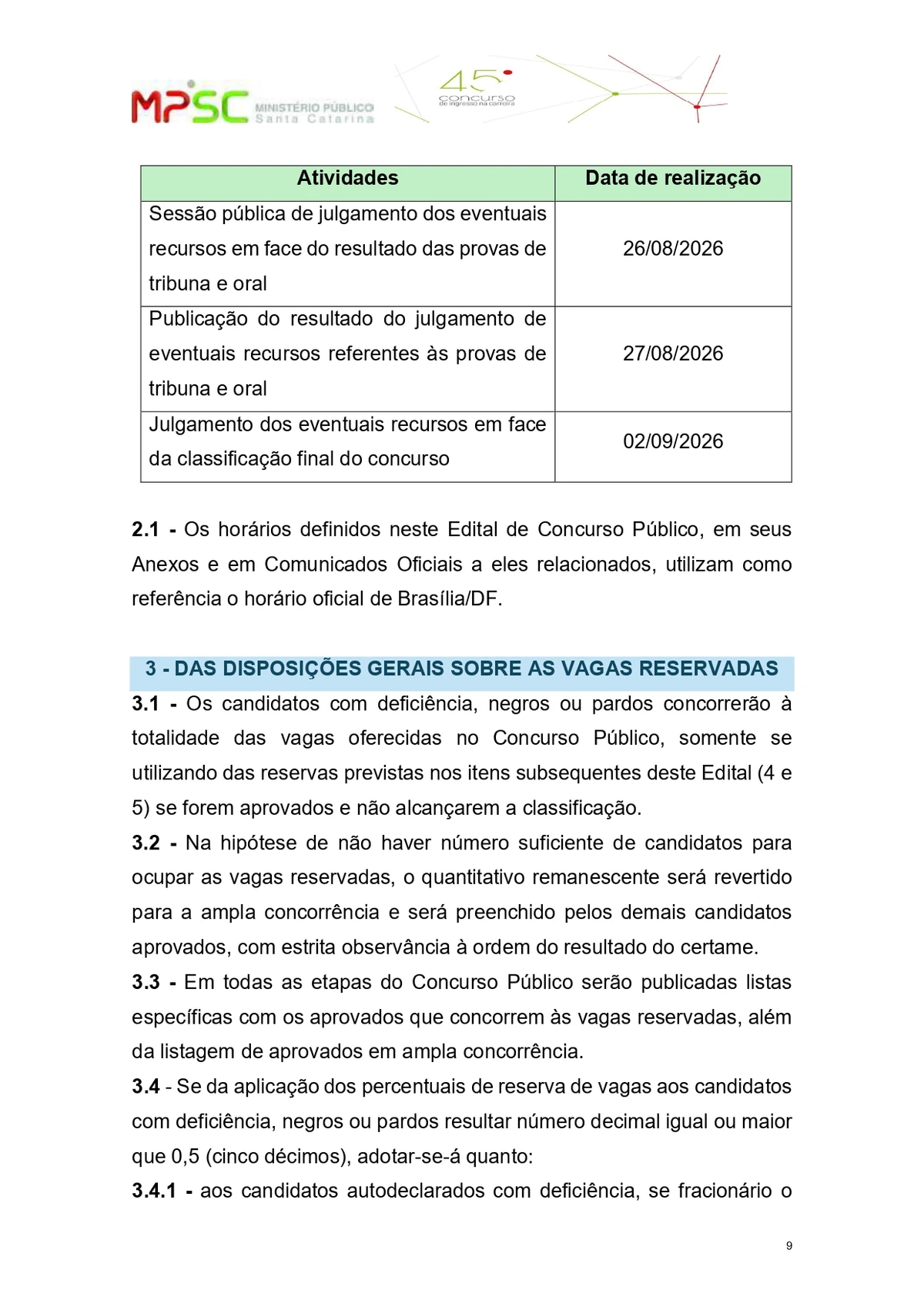 Parte do edital do concurso público para o cargo de promotor de Justiça substituto do Ministério Público de Santa Catarina  por Reprodução