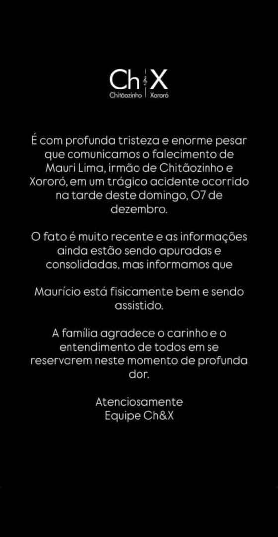  Comunicado divulgado por Chitãozinho e Xororó sobre a morte de Mauri  por Reprodução/Redes Sociais 