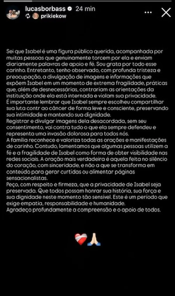 Comunicado postado por Lucas Borbas, marido de Isabel Veloso por Reprodução/Instagram