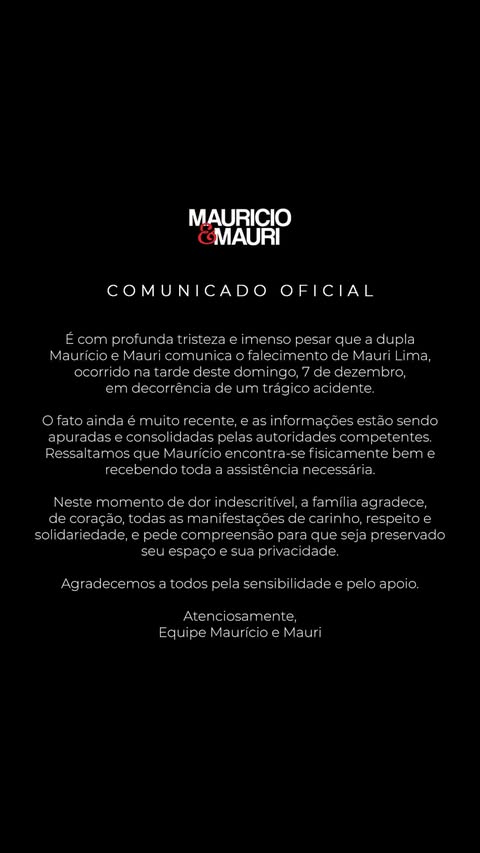Comunicado sobre a morte de Mauri, da dupla Mauricio e Mauri por Reprodução/Redes Sociais  