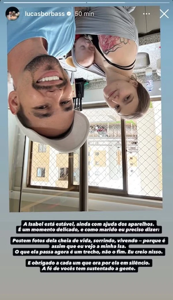 Marido de Isabel Veloso atualiza quadro de saúde da influenciadora por Reprodução/Instagram