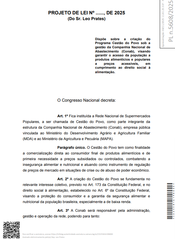 Projeto do 'Cestão do Povo' é apresentado ao Congresso Nacional por Reprodução