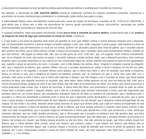 Decisão pela anulação do júri popular que absolveu Iure Sheik por Reprodução