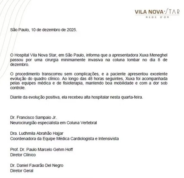 Boletim de Xuxa Meneghel informa alta