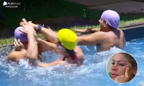 A ex-paquita Cátia Paganote foi expulsa de "A Fazenda 10" após agredir Evandro Santo durante uma atividade na piscina por Record/Reprodução