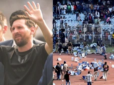 Imagem - Torcedores revoltados jogam cadeiras em gramado após aparição relâmpago de Messi em evento