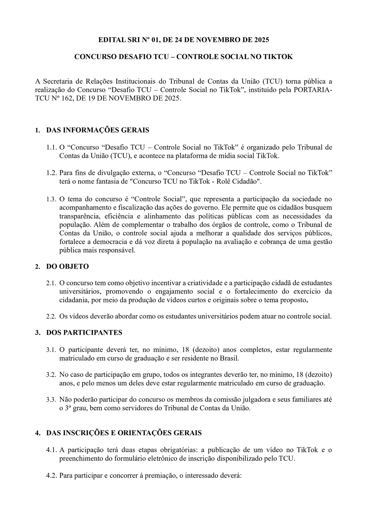Confira o regulamento do Concurso TCU no TikTok - Rolê Cidadão por Reprodução