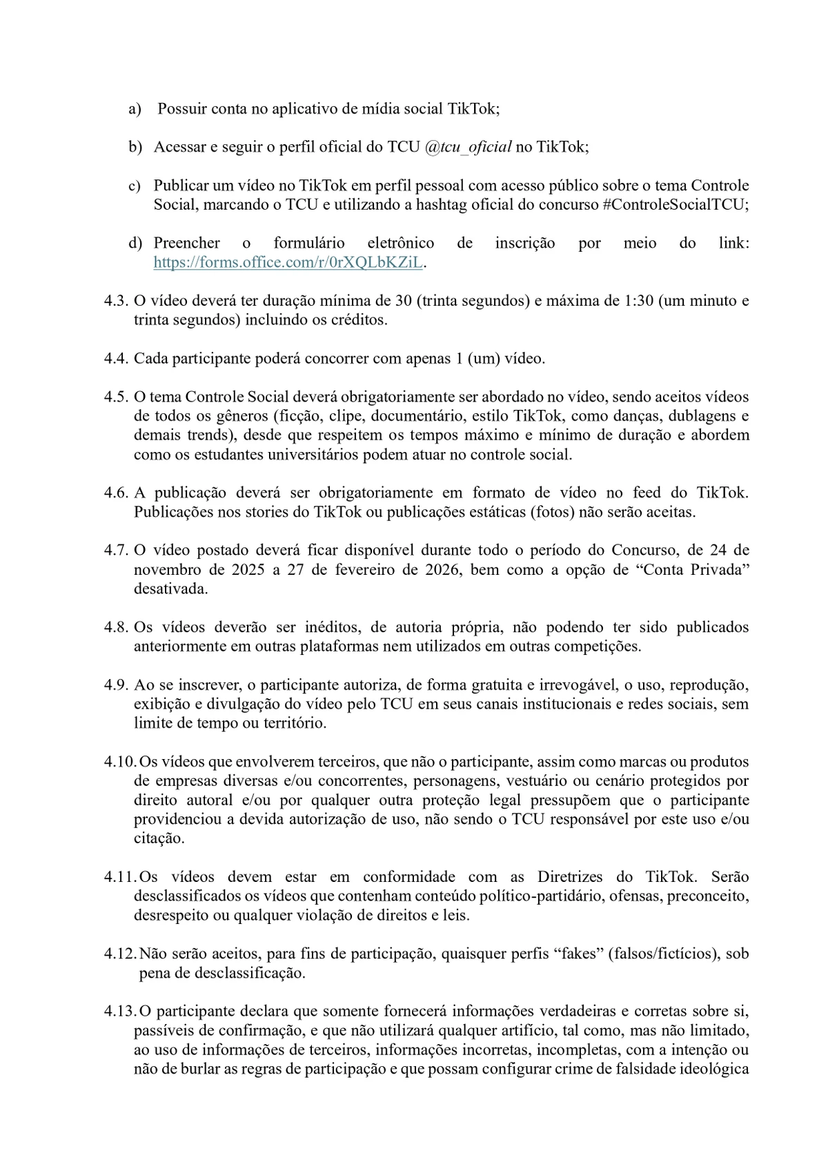 Confira o regulamento do Concurso TCU no TikTok - Rolê Cidadão por Reprodução