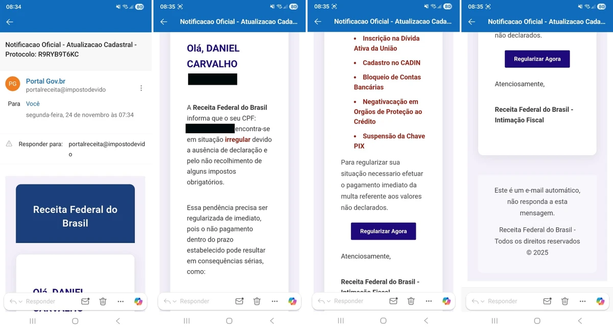 Não caia: golpe usa dados de contribuintes para simular cobranças da Receita Federal