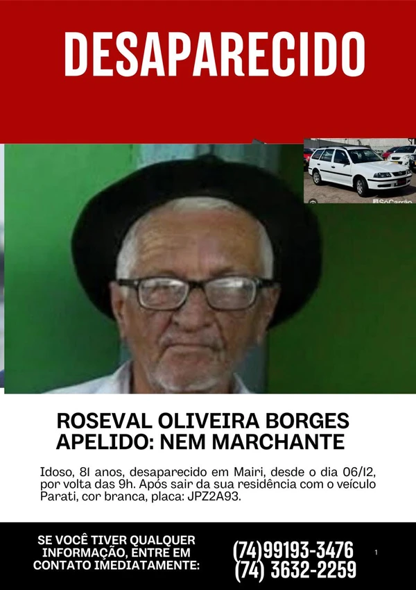 Família procura idoso que desapareceu em Mairi (BA) por Reprodução