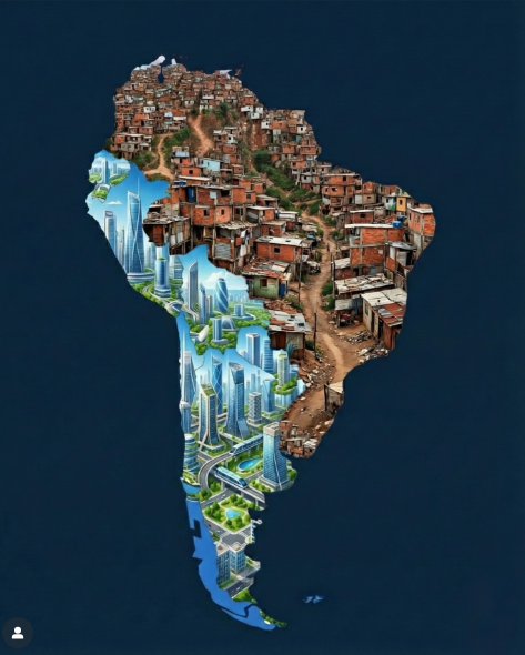 Mapa divindindo a América do Sul entre favela e cidade futurista