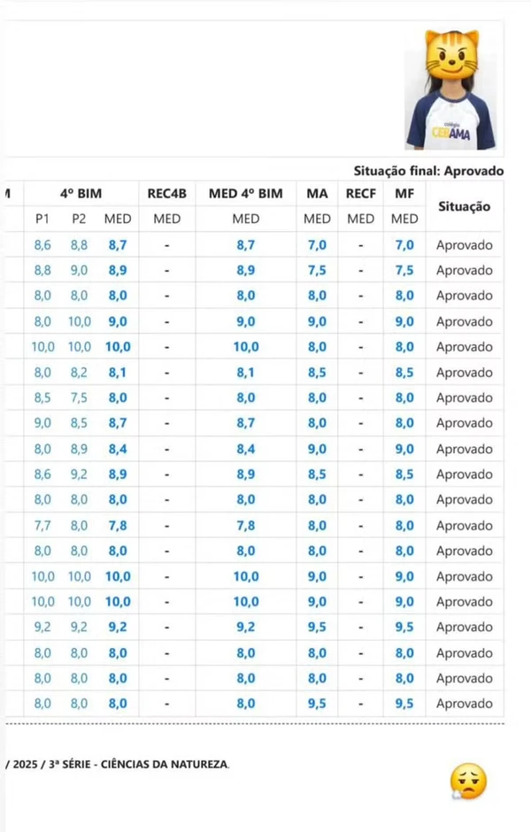 Boletim de Rayssa por Reprodução