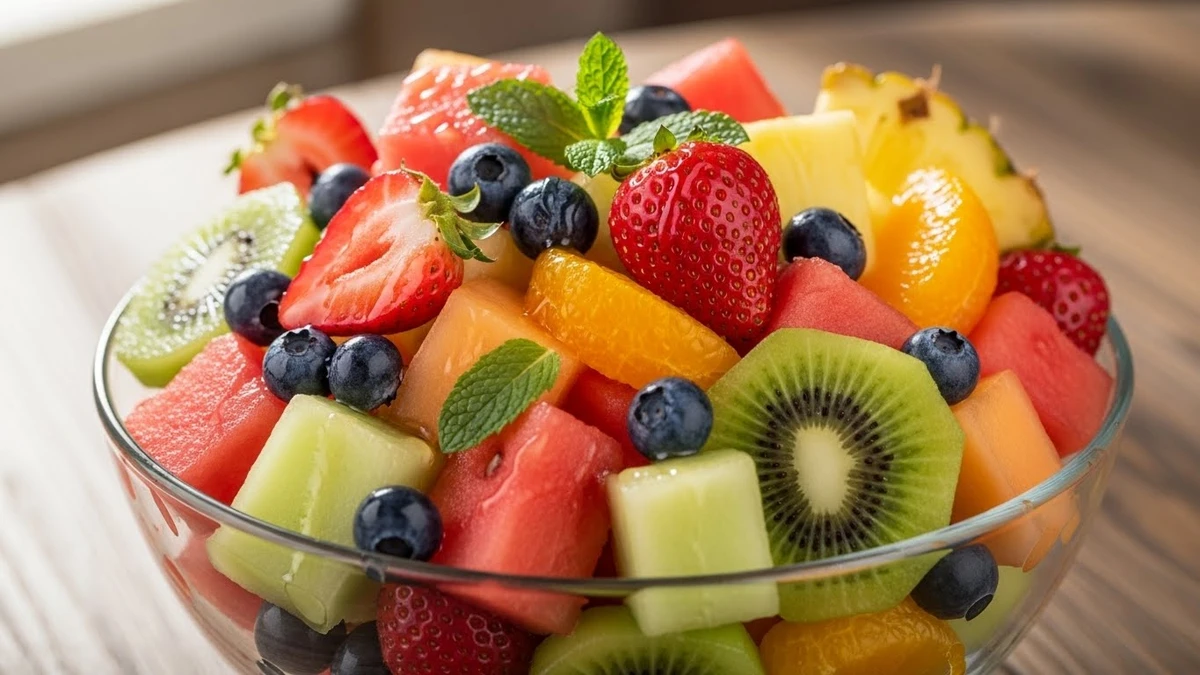 Salada de frutas é boa alternativa aos doces hipercalóricos. por Imagem produzida com IA
