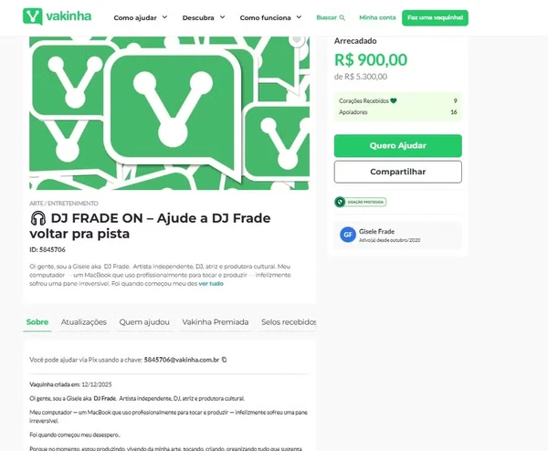 Vaquinha criada por Gisele Frade  por Reprodução 