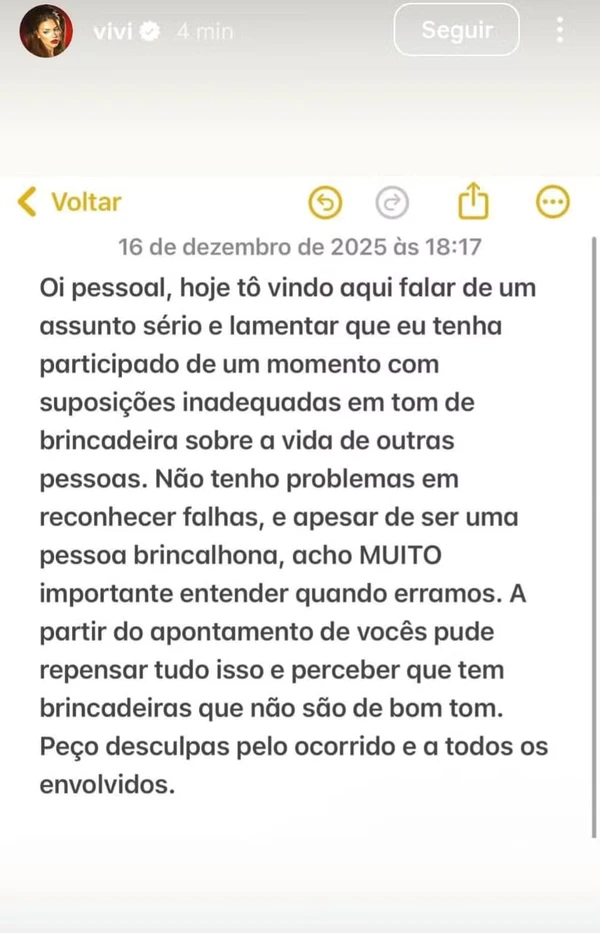Vivi pede desculpa após episodio envolvendo sexualidade de Ana Castela por Reprodução/Instagram