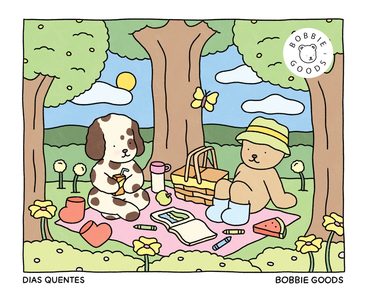 2º) Dias quentes - Bobbie Goods (HarperCollins). Livro de colorir: inspirado no calor do verão e na beleza da primavera,  Dias quentes  é recheado com cenas fofas e acolhedoras, perfeitas para deixar a imaginação fluir durante a pintura. por Reprodução