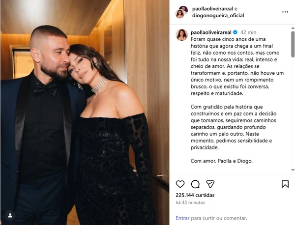 Paolla Oliveira e Diogo Nogueira anunciam separação após quase cinco anos juntos por Reprodução/Instagram 