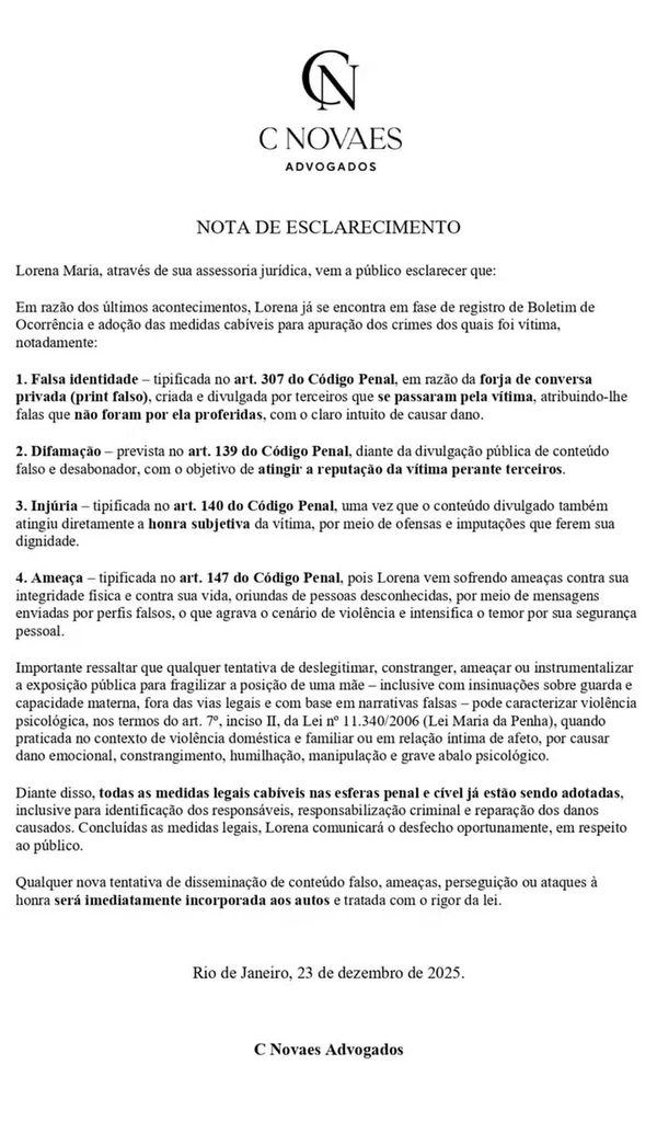 Nota da assessoria jurídica de Lorena Maria por Reprodução / Redes Sociais