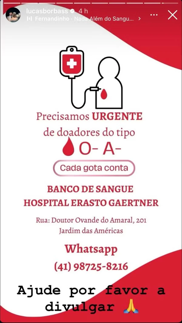 Lucas Borbas divulga campanha de doação de sangue para  Isabel Veloso por Reprodução/Redes sociais 