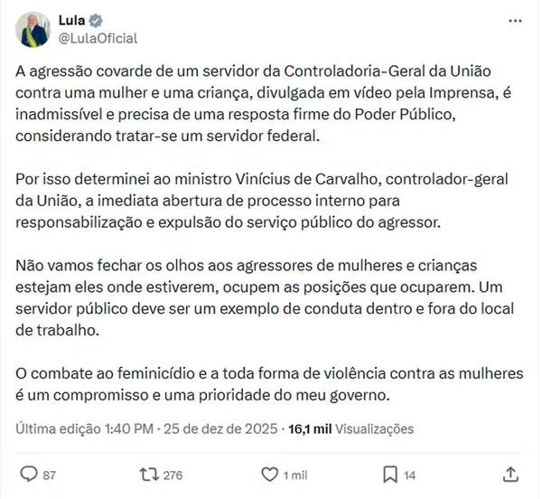Lula determina expulsão de servidor da CGU após agressão contra ex-namorada e criança de 4 anos: '“inadmissível' por Reprodução