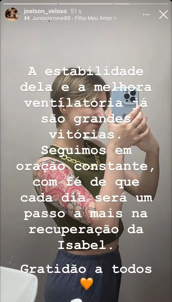 Pai de Isabel Veloso celebra avanços na UTI e fala em 'grandes vitórias' na recuperação da filha por Reprodução/Redes sociais 