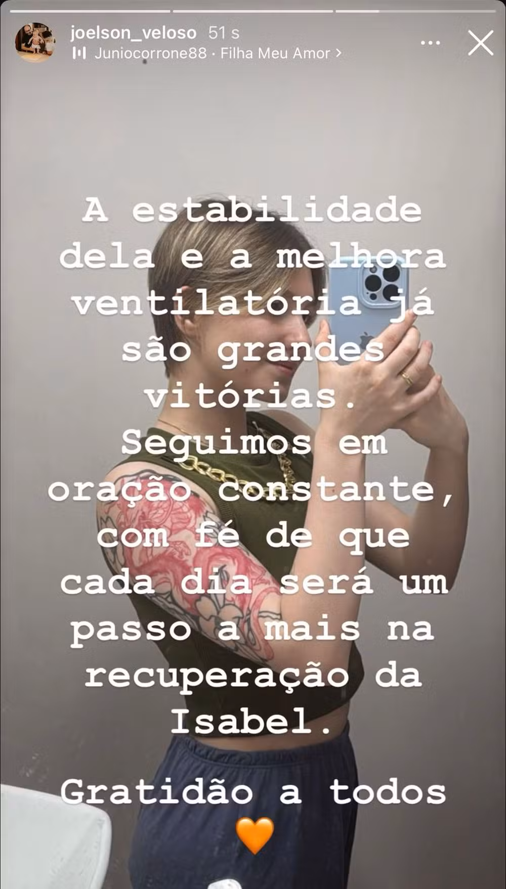 Pai de Isabel Veloso celebra avanços na UTI e fala em 'grandes vitórias' na recuperação da filha por Reprodução/Redes sociais 