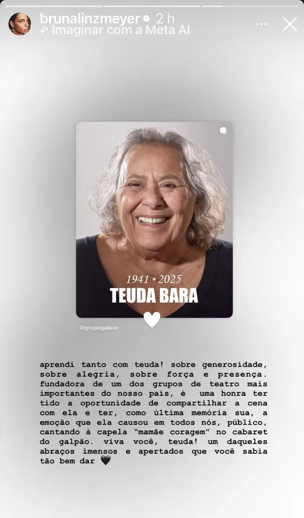 Famosos lamentam a morte de Teuda Bara, fundadora do Grupo Galpão, aos 84 anos  por Reprodução/Instagram