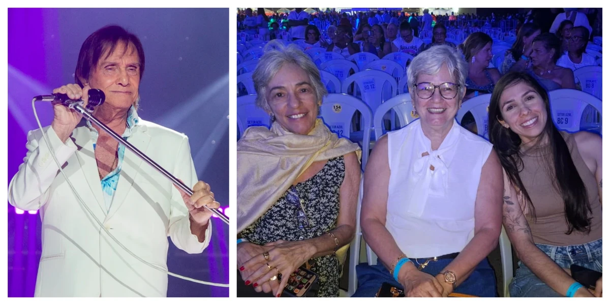 Roberto Carlos e as admiradoras Acácia Maria Dias, 65 anos, Maria Délia Silva, 71, e Érica Dias, 30