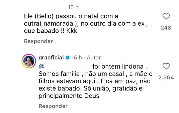 Gracyanne Barbosa responde internauta após passar Ntal com Belo após separação  por Reprodução/Redes Scociais 